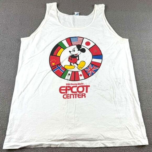 Disney Men's XL White EPCOT Center Tank Top Mickey Flags Graphic USA Made - Picture 1 of 9